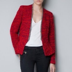 Zara Embellished Red Tweed Jacket